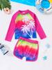 Dziewczęcy zestaw kąpielowy 2-częściowy z długim rękawem raglanowym, wzorem palmy tie-dye i syrenki, spodenki, strój kąpielowy