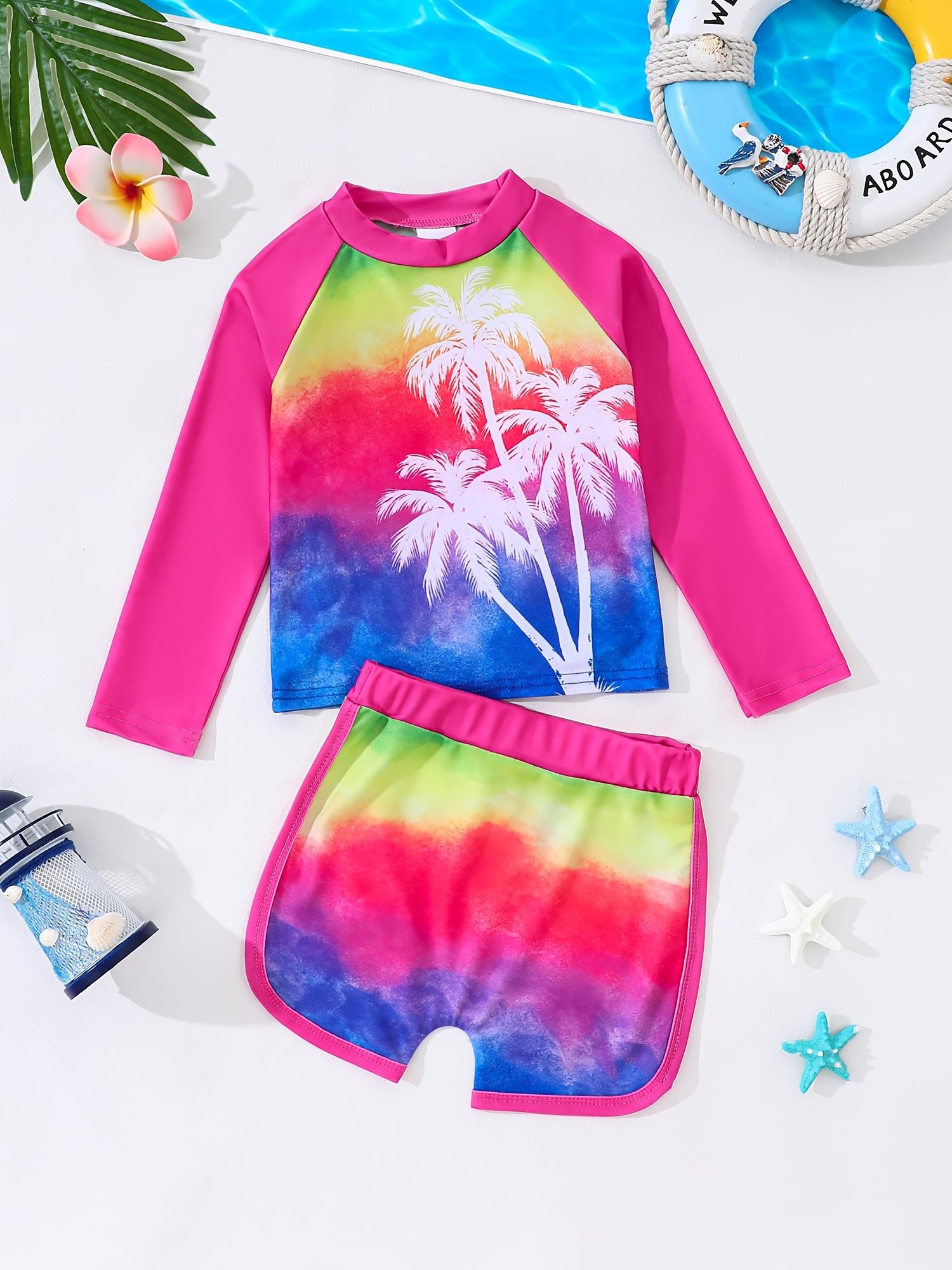 Girls Swimwear Set 2 Piece Long Sleeve Raglan Palm Tree Tie Dye Mermaid Print Shorts Swimsuit Outfit 1-2Y