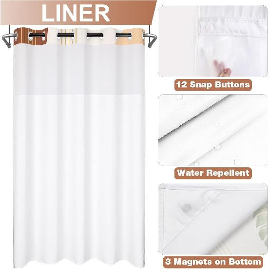 No Hook Shower Curtain with Snap in Liner and Liner Set, Boho Mid Century Green Leaf Shower Curtains for Bathroom Decor 71x74 in