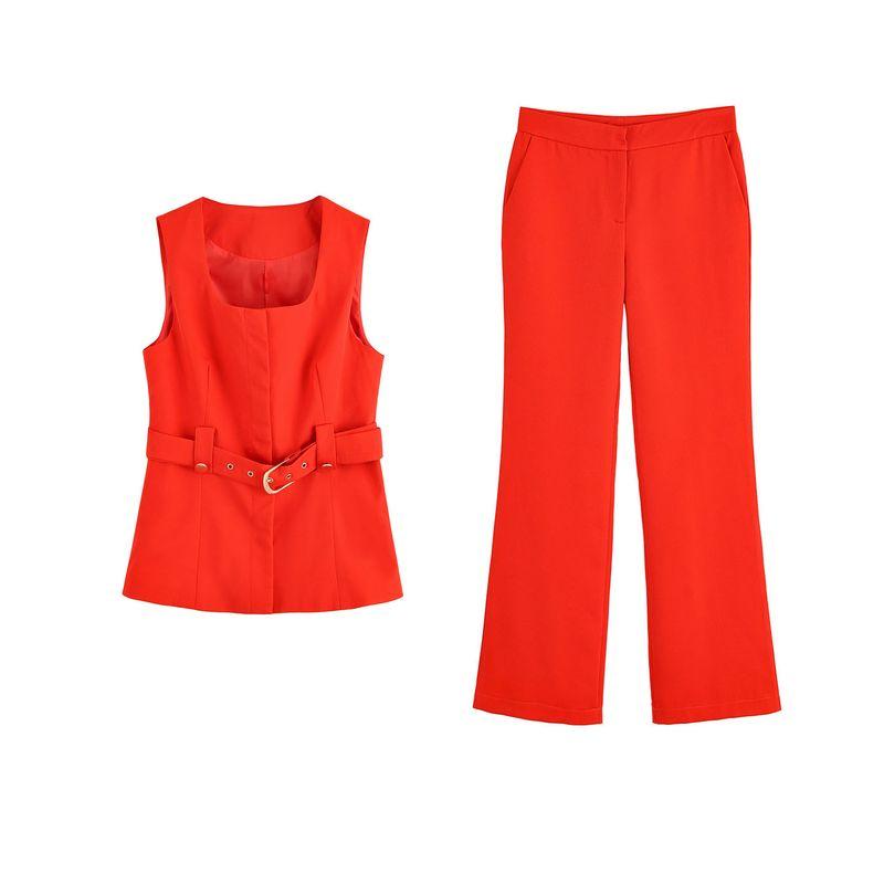Autumn New Women suit French style Ol Casual With Belt round Neck Sleeveless Vest Mid Waist Flared Trousers