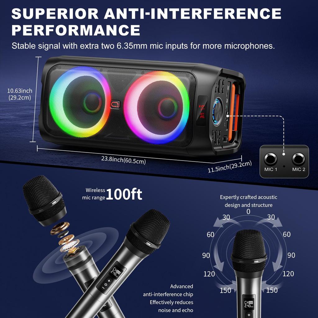 Karaoke Machine, Dual 8" Subwoofer Big Bluetooth Speaker with 500W Peak Power, PA System with DJ Light, Rolling Wheels and Trolley