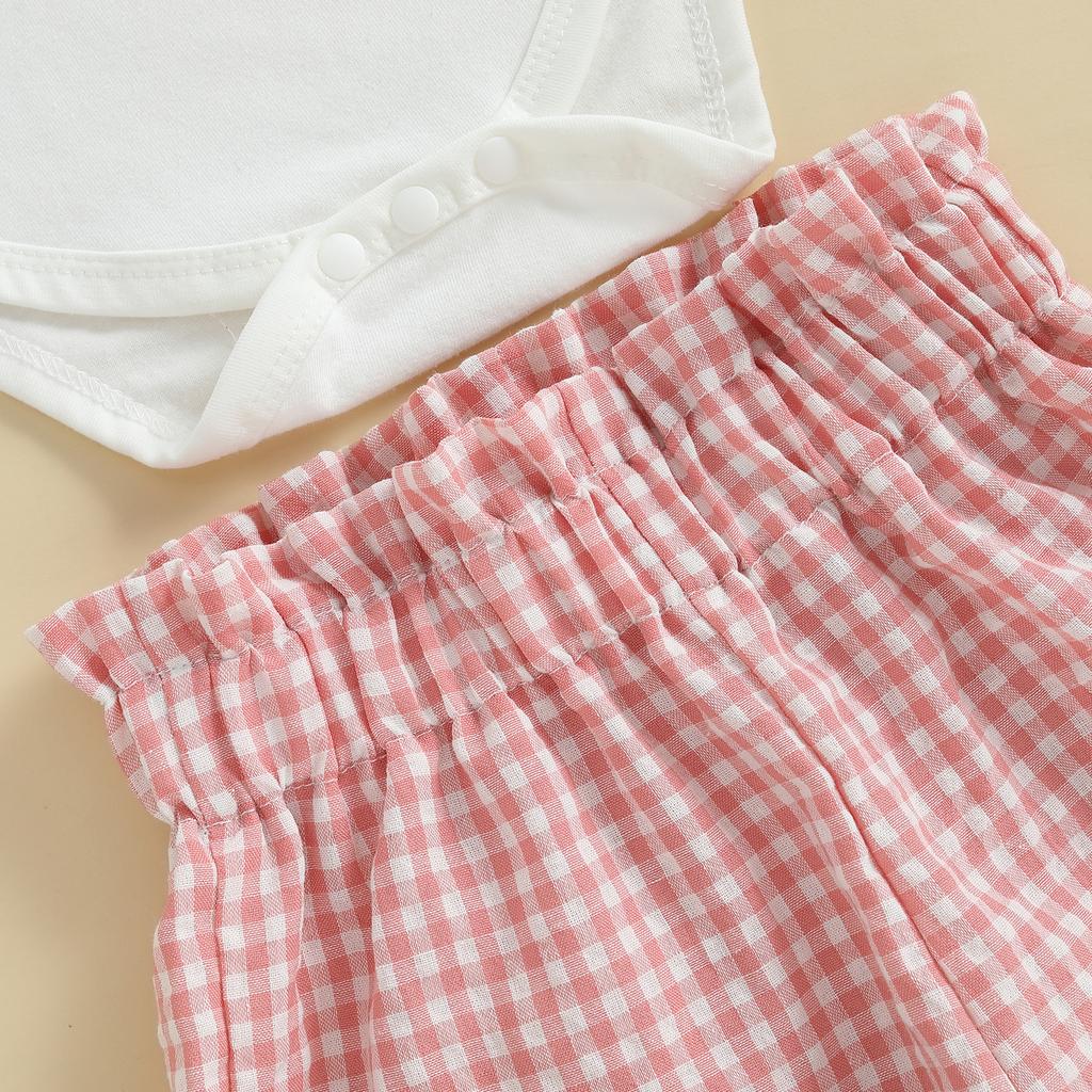 Baby Mädchen 1. Geburtstag Outfits Buchstaben Kurz Puffärmel Strampler mit Karodruck Shorts und Stirnband