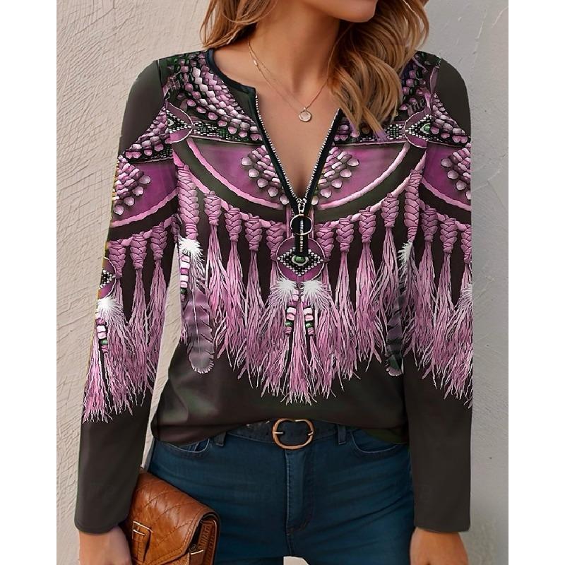 

Long Sleeve Floral Pattern Women Casual T-Shirts Spring Autumn 3D Flower Print Retro Style Female Tee 3XL Plus Size Zipper V-Neck Tops 2XL