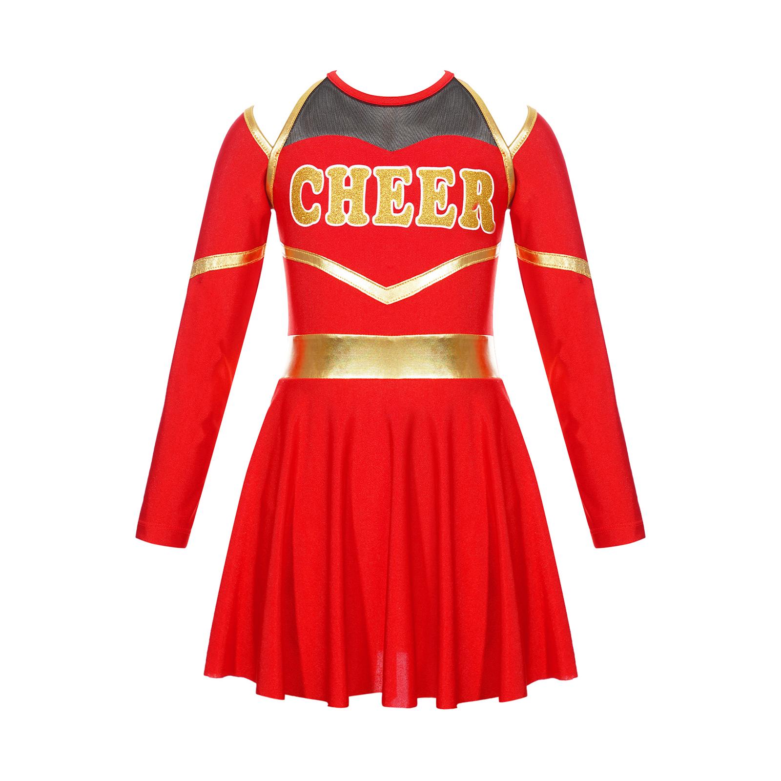 

Girl Cheerleading Costumes Dance Uniform Long Sleeves Dance Dress with Hand Flowers Headwear Striped Socks for Stage Performance 6 красный