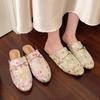 Fashion Plus Size British Style Metal Embroidery Mule Shoes for Women Low Heel Square Toe Slip-On Sandals 2025 Summer Casual Footwear
