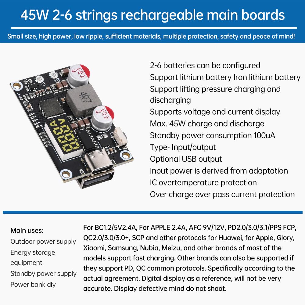 2-6S 45W Power Bank Bidirectional Fast Charging Mobile Power Module With Digital Display Type-C USB PD3.0 Charging Board