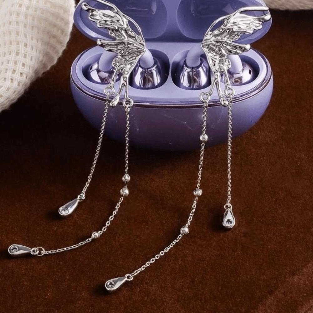 Creative Butterfly Earphone Clips Silver Artificial Crystals Headphone Accessories Tassels Two Pieces Set Earphone Decorations