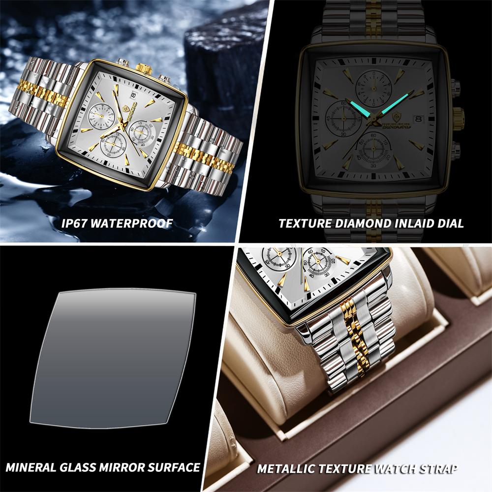 New Fashion Men Watch Luminous Waterproof Chronograph Date Man Wristwatch Square Stainless Steel Quartz Men'S Watches Reloj