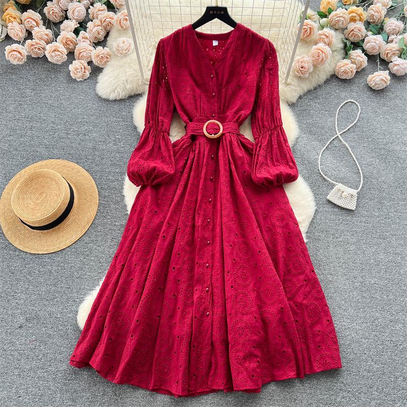 

Летнее женское платье средней длины с вырезом на крючках и цветочной вышивкой, однобортное платье с длинными рукавами и v-образным вырезом с поясом, женское платье трапециевидной формы One Size