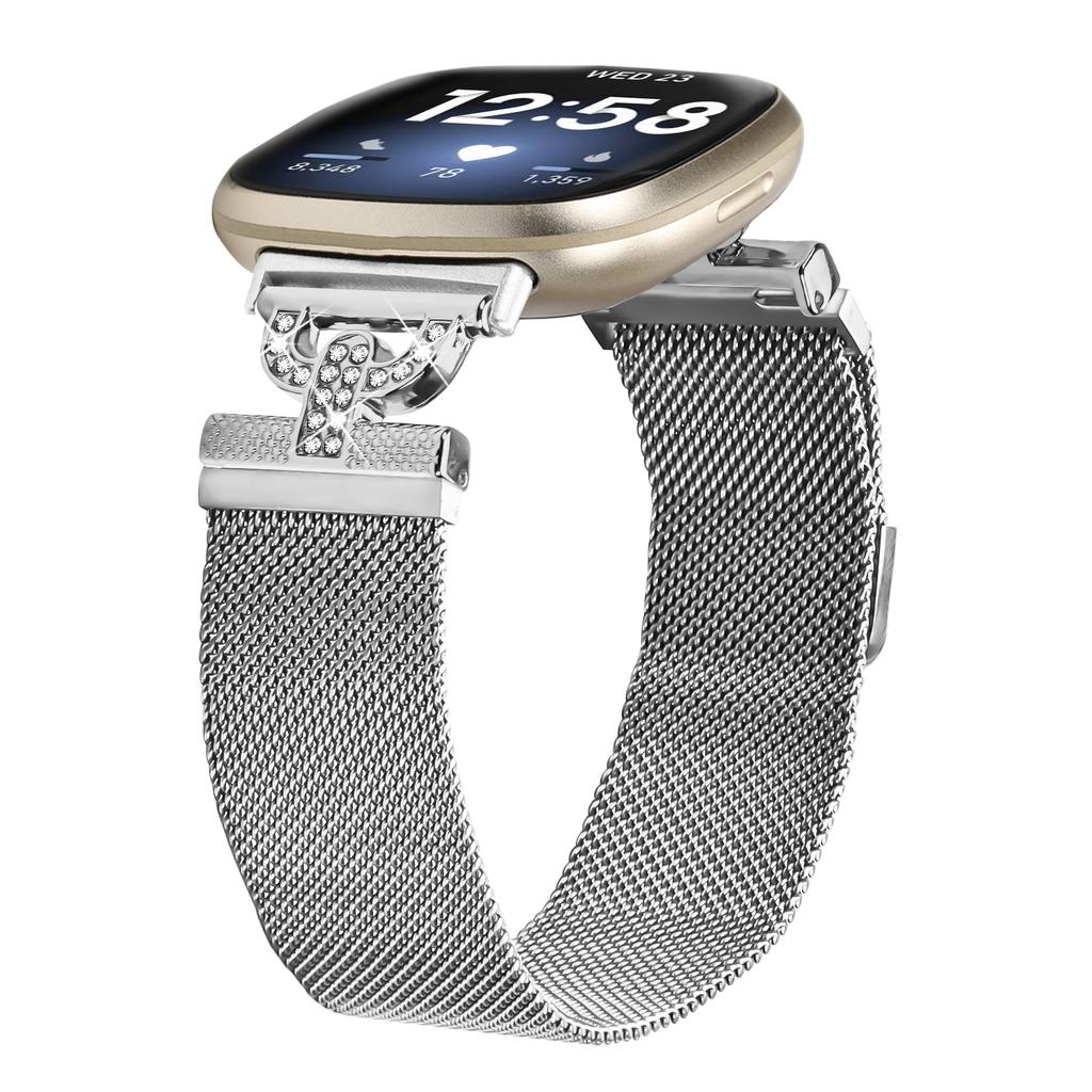 For Fitbit Versa 3/Sense Watch Band Silver Milanese Stainless Steel Strap D-Shape Rhinestones Decor