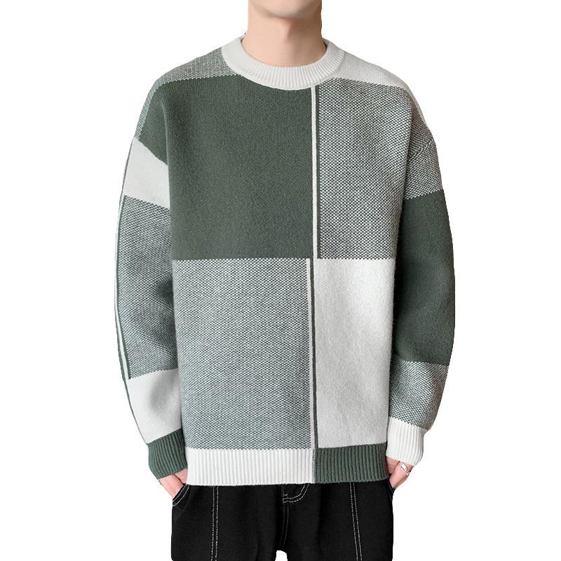 Autumn and winter micro-expansion plaid contrasting colors versatile casual fashion crew neck sweater men's knitted sweater men's top