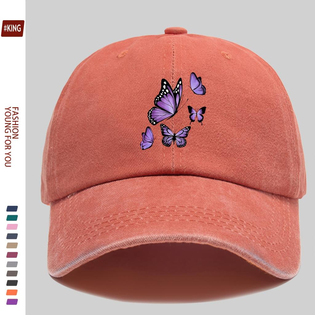 New Simple Versatile Butterfly Print Washed Vintage Soft Top Sunshade Baseball Cap Unisex Baseball Cap