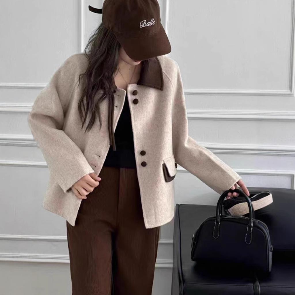 Podzimní a zimní nový luxusní dámský krátký oboustranný vlněný kabát s vysokým poměrem gramů, vlněný kabát na dojíždění