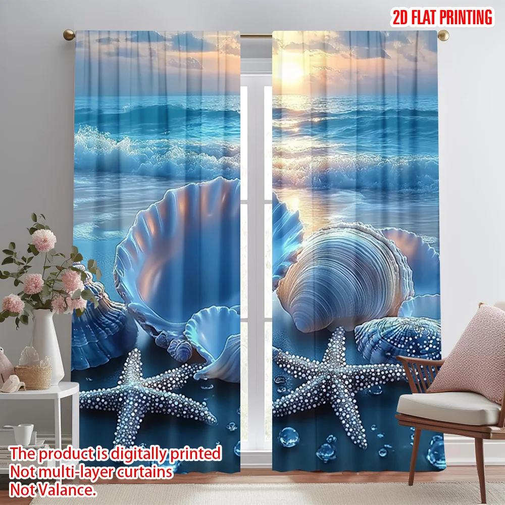 2pcs   plane printing Popular Curtain Panels Seashell and Pearl Beach Scene Polyester Fabric (without rod) All Seasons for