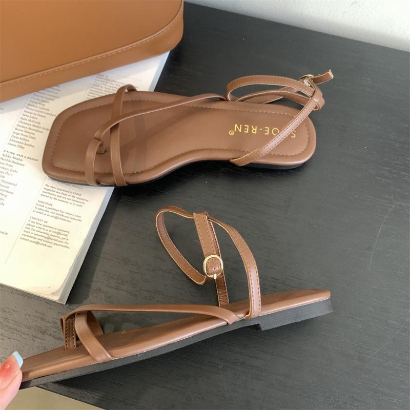 

Spring and Autumn 2025 New Fashion Versatile French Square Head Cross with Sleeve Toe One-word with Beach Sandals Women s Flat 39 темно-коричневого кольору