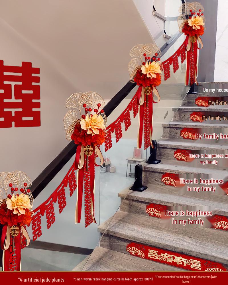 Wedding Stair Railing Decoration Set with Double Happiness Pull Flowers