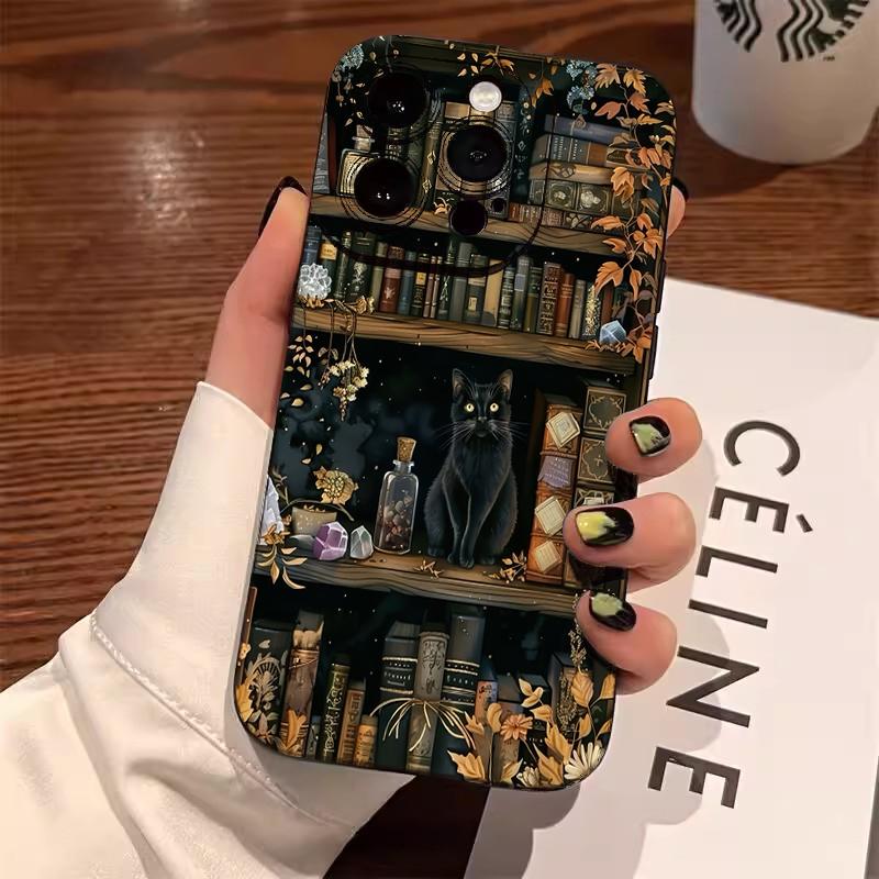 

Dark Academia Black Cat Bookshelf Art Phone Case for iPhone 17 16 15 14 13 12 11 Series Pro Max Plus Double Layer Protection iphone 11 Pro