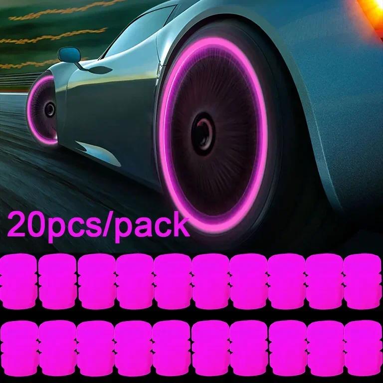 20PCS Luminous Tire Valve Caps Motorcycle Bike Wheel Nozzle Dustproof Tyre Valve Stem Fluorescent Night Glowing Car Decor
