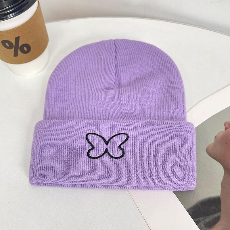 Embroidered butterfly knitted hat women's warm cold hat big head circumference ear protection pullover hat versatile bag head wool hat