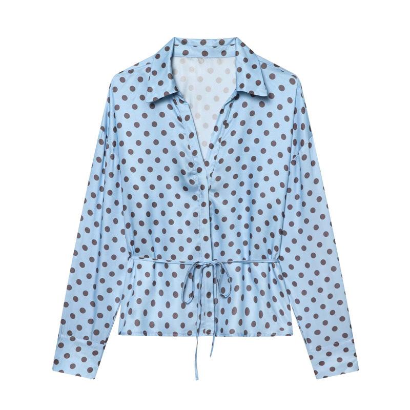 Women s Western Wave Satin Long-Sleeve Shirt, V-Neck Tie Design, Fashionable Casual Top S