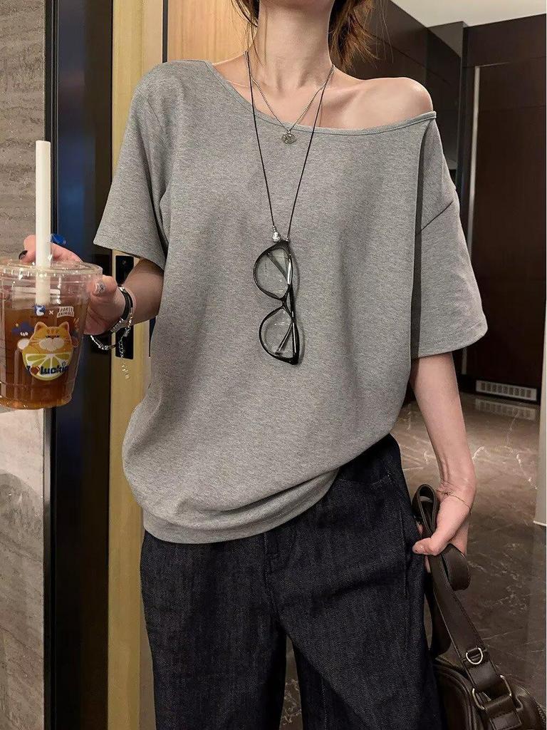 Spicy Girl Asymmetrical Neck Short-Sleeve T-Shirt - Women's Summer 2025 Korean Style Loose Slimming Top