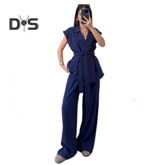 Ensemble 2 Pièces/Ensemble Costume Femme Gilet Pantalon Ensemble Col V Revers Lacé Taille Ceinturée Sans Manches Gilet Taille Haute Couleur Unie Longueur Totale Pantalon Court OL Travail