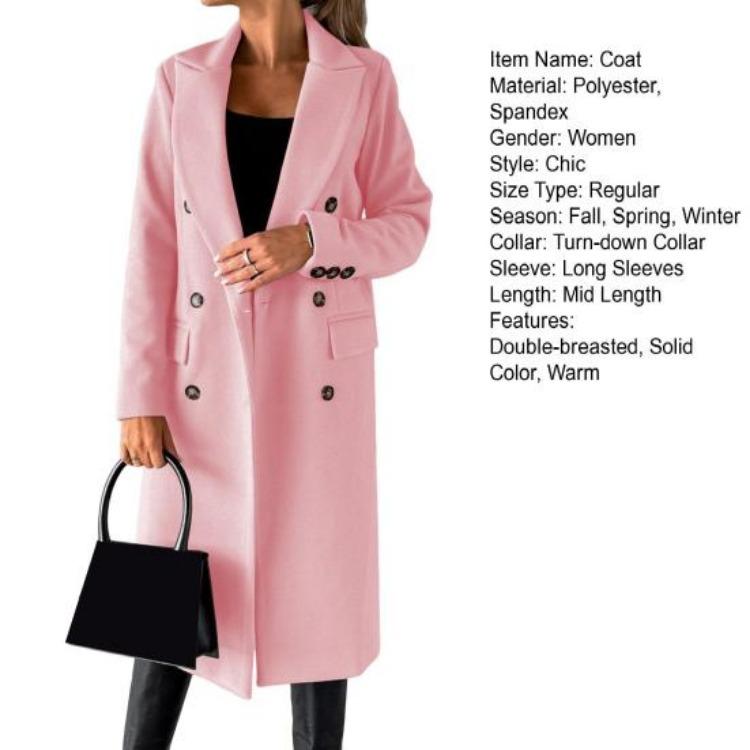 Women Thermal Woolen Overcoat Mid Length Double Breasted Turn Down Collar Solid Color Long Sleeved Jacket for Commuting Dating Spring Fall and Winter