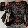 Long Sleeves See Through Lace Crop Top Solid Sexy Bodycon T-Shirt For Women Party Club Autumn Winter Clothes