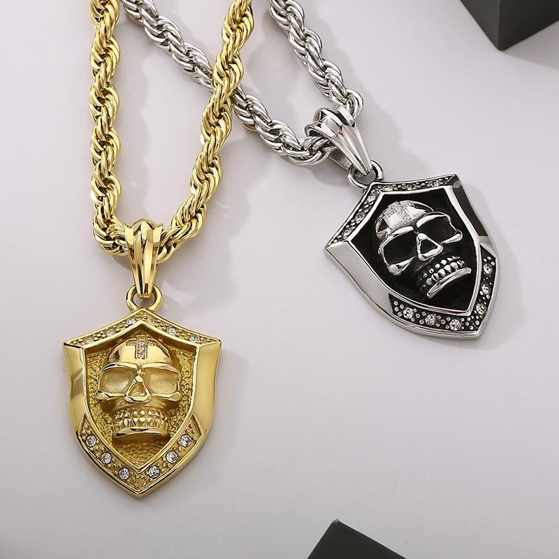 Hip Hop Skull Crystal Stone Shield Necklace for Men High Quality Stainless Steel Gold Color Charm Pendant Trendy Jewelry Gift