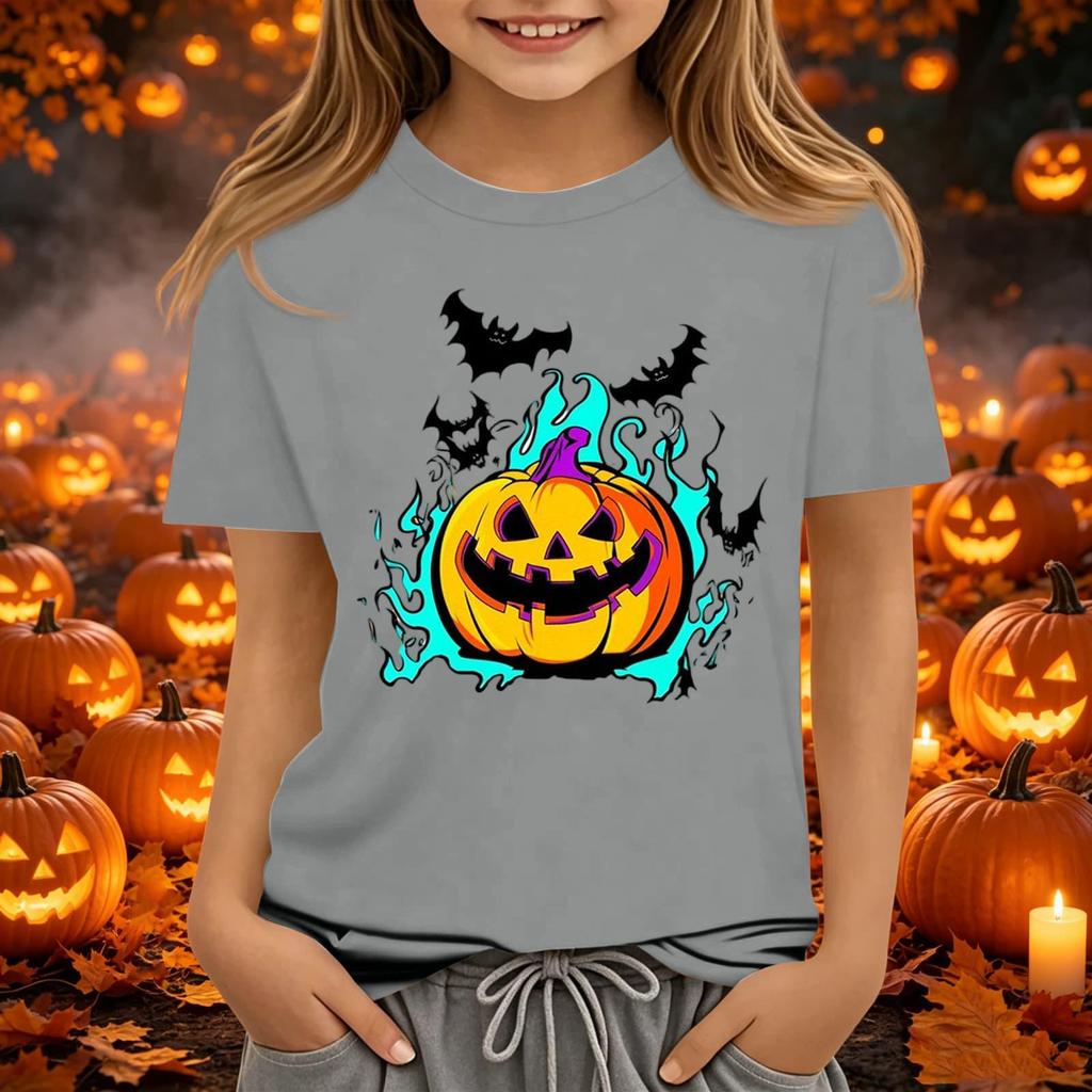 Kids Halloween Printed Neck Short Sleeve T-Shirt Loose Fit Casual Top