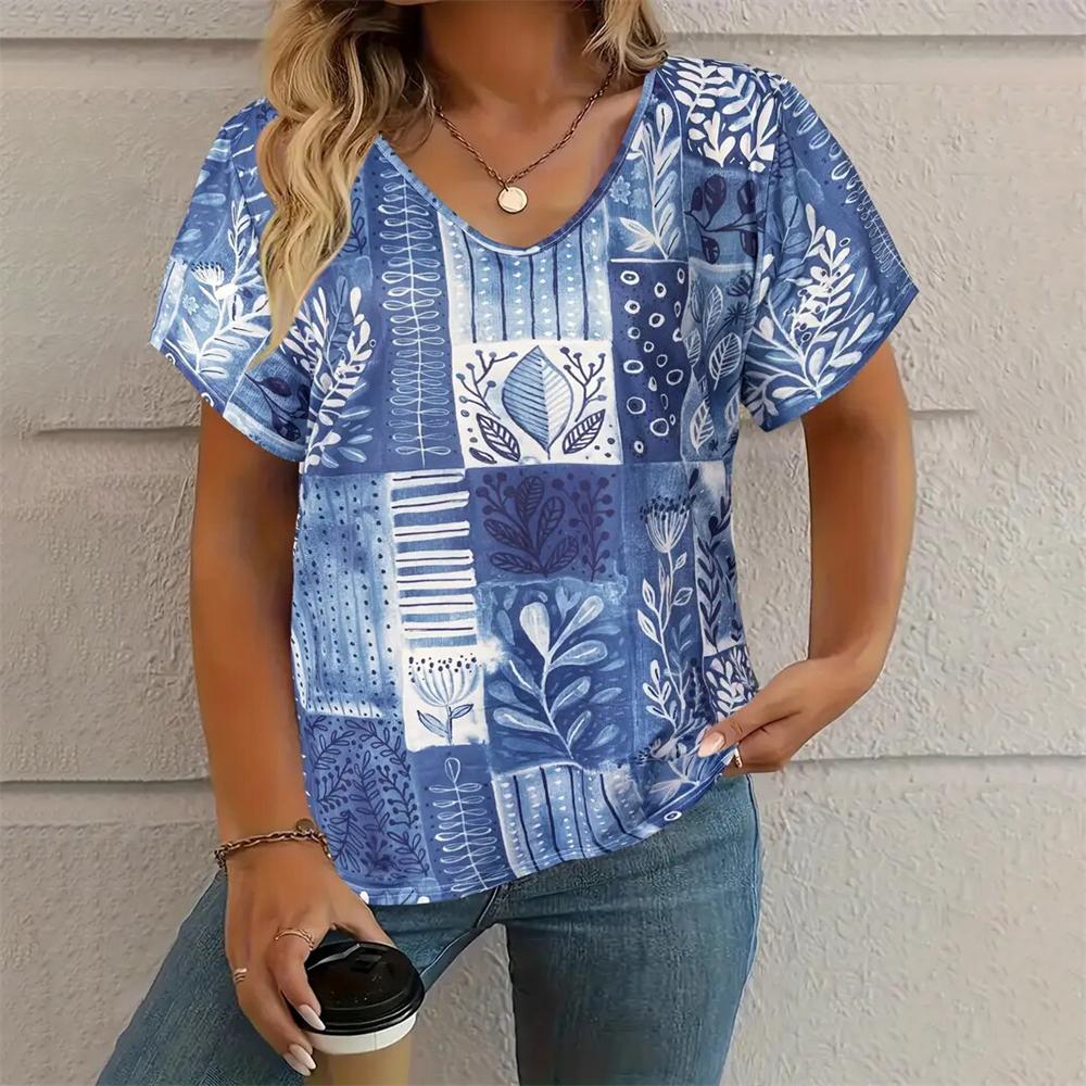 2025 New Geometric Patchwok 3d Print T-shirt Women Fashion V-Neck Oversized Short Sleeve Tshirt Casual Tops Tee Female Clothing
