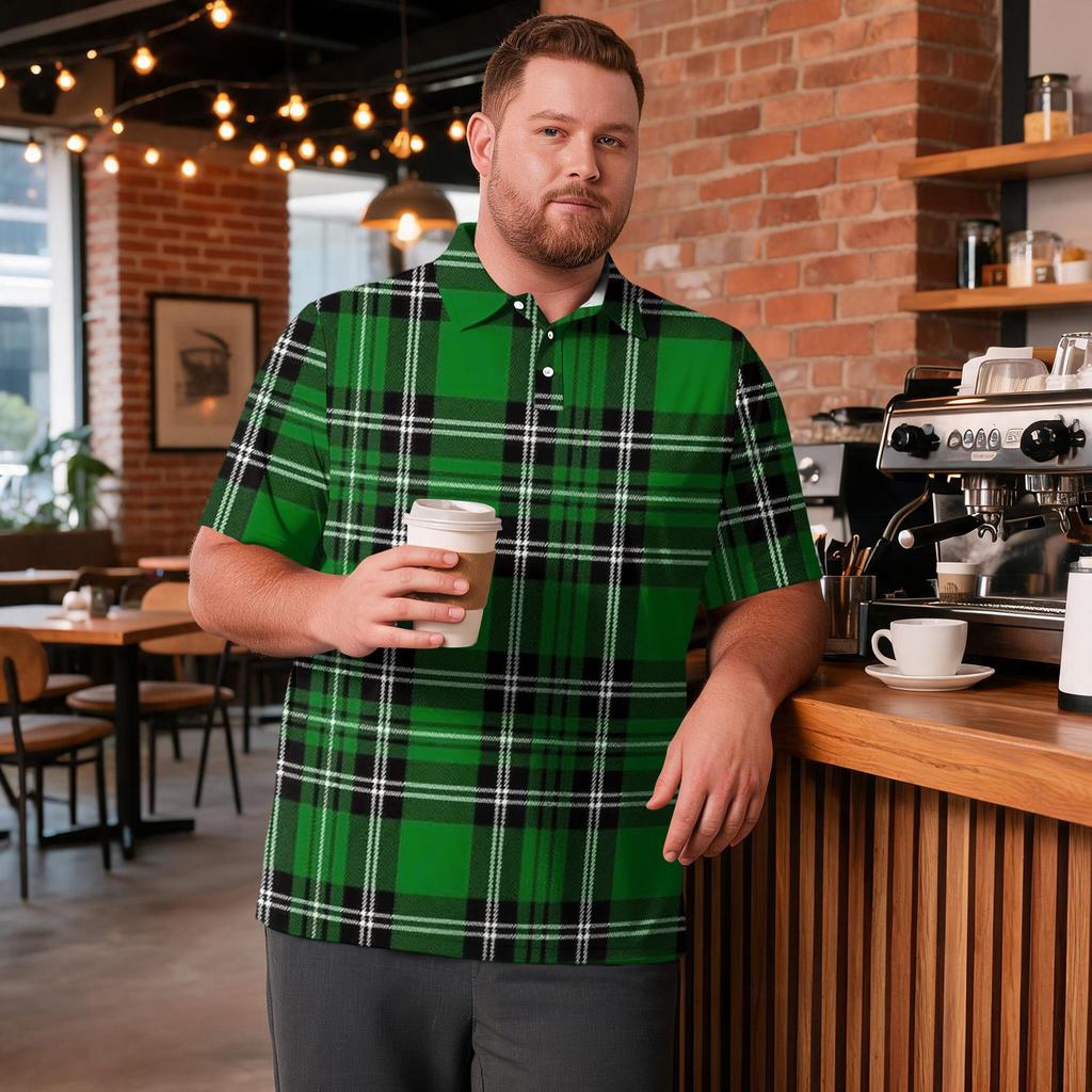 Men's Big Size Polo Shirt Short Sleeve Breathable Golf Shirt Casual Workwear Collared Button Up Shirt with Checkered Print