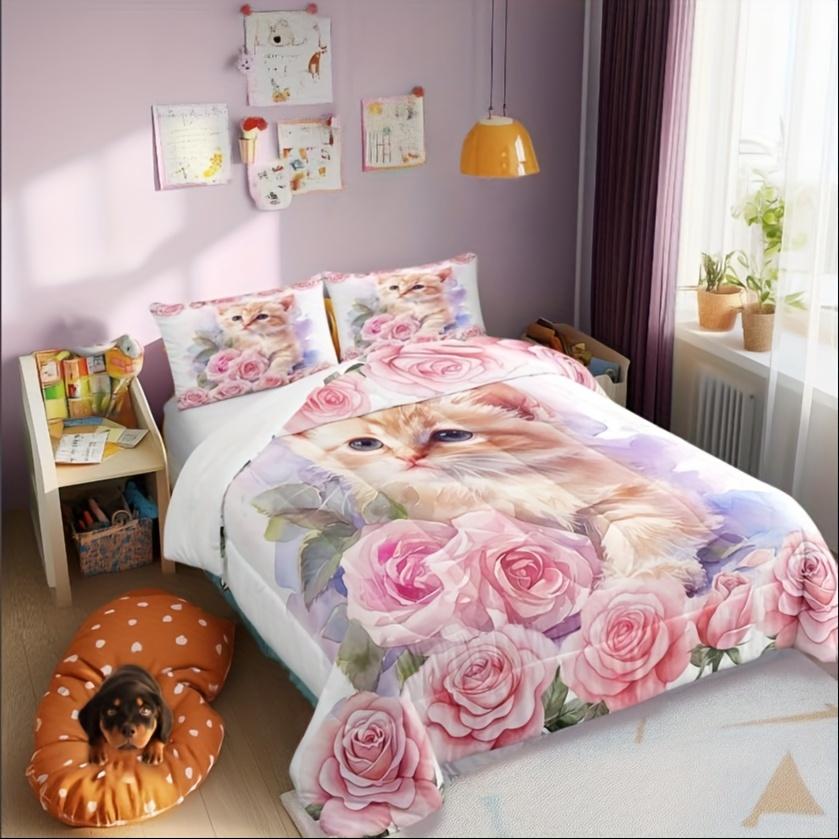 Kawaii Rosa Katzenbettwäsche Set Einzel-/Doppel-/Queensize Floral Rosa Rosenblüten Bettdeckenbezug Set für Damen- und Mädchenzimmerdeko