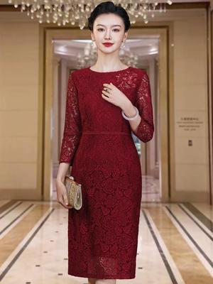 Red Lace Waist-Cinched Slimming Dress for 2024 Summer Weddings and Events