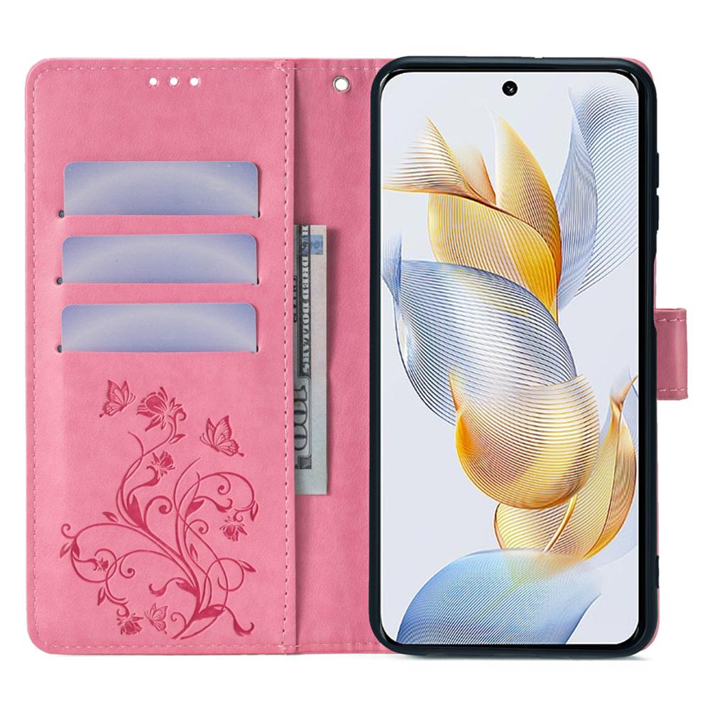 

For Honor 90 Case Butterfly Flower PU Leather Stand Phone Cover with Wrist Strap Card Slots Pink