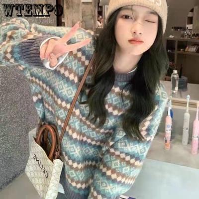 Autumn and Winter Warm Daily Loose Knitted Sweater Female Retro Casual Diamond Plaid Sweater Female