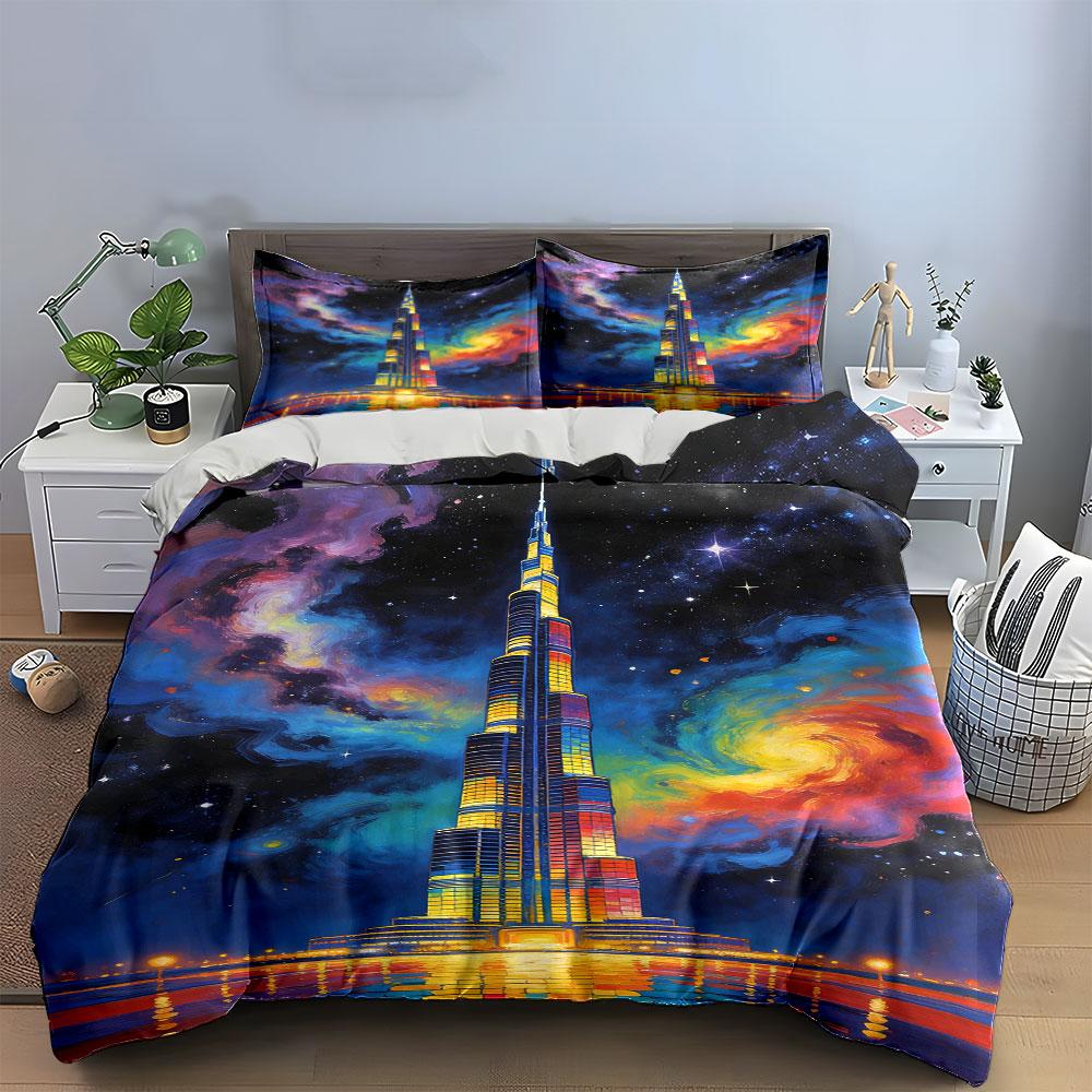 Colorful skyscraper and galaxy. Bedding sets Duvet cover sets Duvet covers Pillowcases(1 * Duvet Cover 2 * Pillowcases without duvet insert)