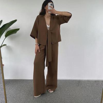 Women's Casual Solid Color Tie Cardigan & Trousers Two-Piece Set