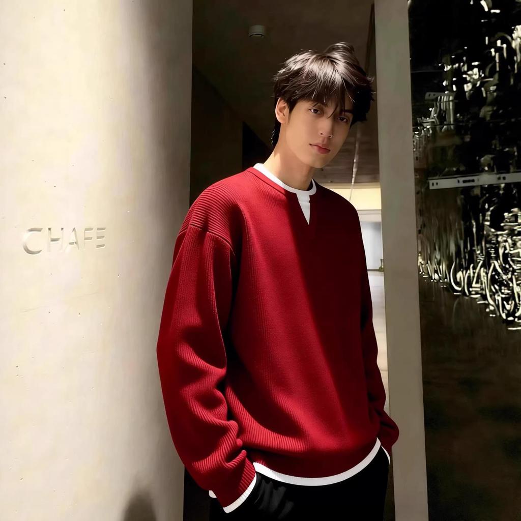 Men's Spring/Autumn 2025 Round Neck Double-Layer Knit Sweater Top