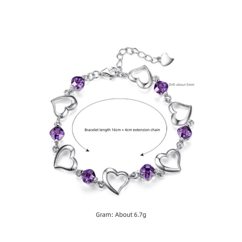 925 Sterling Silver Light Luxury Fashion Love Purple Zircon Bracelet Birthday Anniversary Party Gift