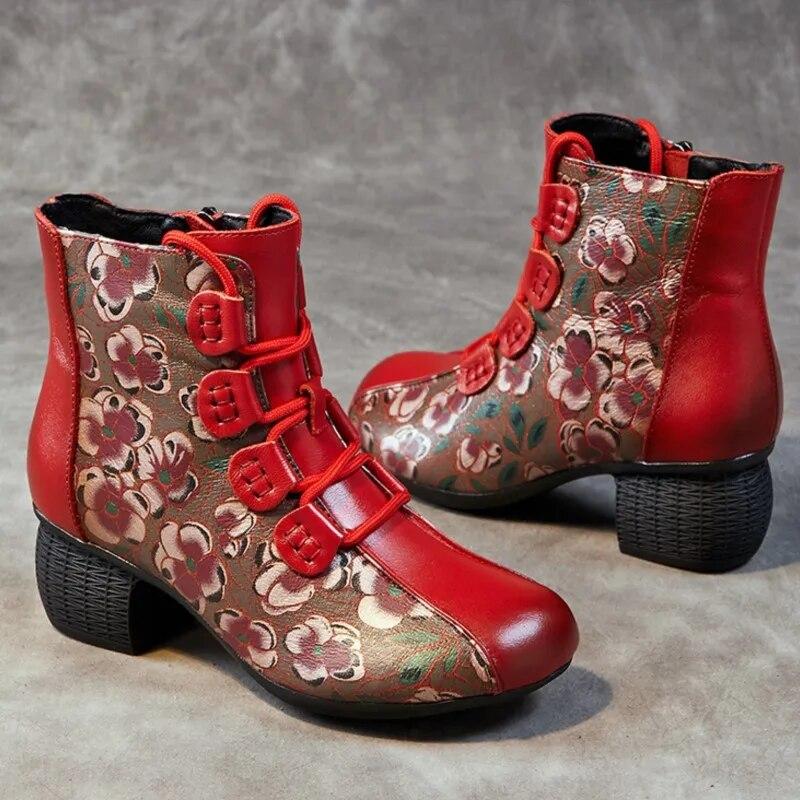 Johnature Moteriški trumpi batai etninio stiliaus storu kulnu minkštu padu margintu apvaliu pirštu šilti moteriški batai