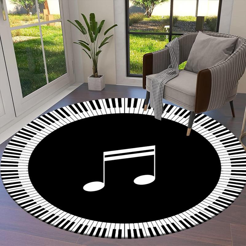 Black and white music keys Round Area Rug,Carpet Rug for Living Room Bedroom Sofa Playroom Decor,Non-slip Floor Mat