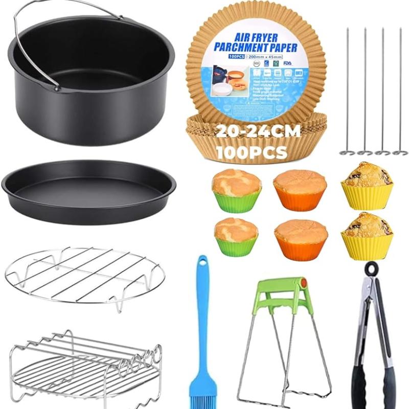Air Fryer Accessories Set Fit All Airfryer with Cake Basket Pizza Pan Stainless Steel Skewer Rack Oil Brush Kitchen Accessories