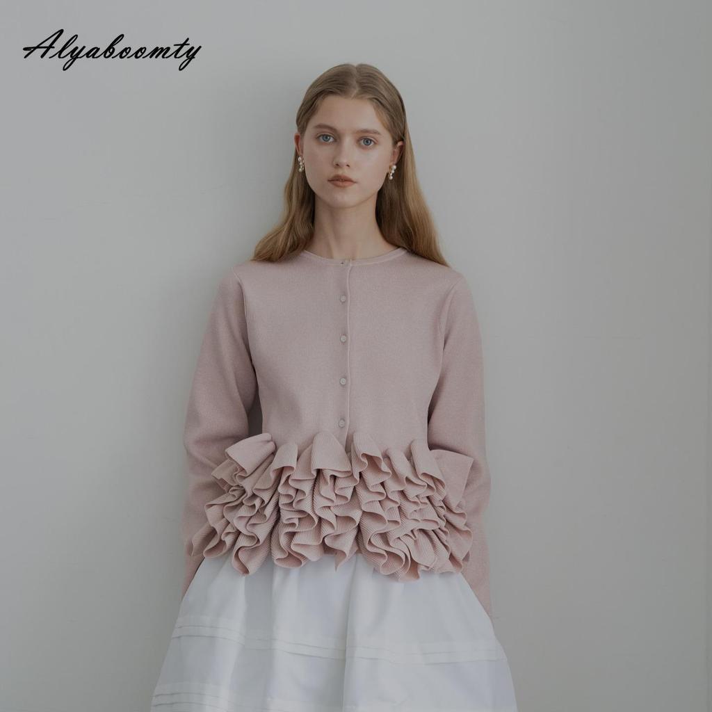 Elegant Fashion Autumn Winter Women Solid Knitting Cardigan White Black Pink Ruffles Patchwork Office Lady Knitted Sweater Sweet Ladies' Warm Coat