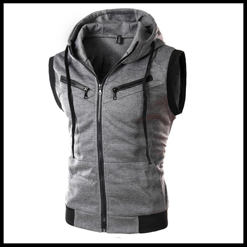 

Мужской летний жилет без рукавов с капюшоном - Однотонный, приталенный (WZ10A) XXL темно-серого