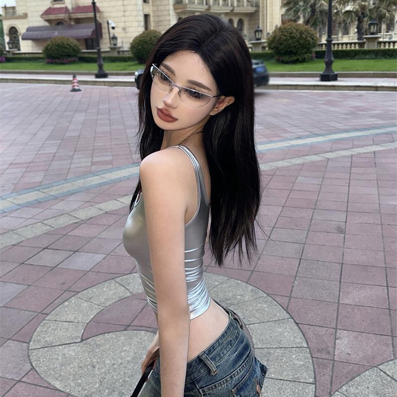 Women Crop Top Silver Slim Sleeveless Camisole Top