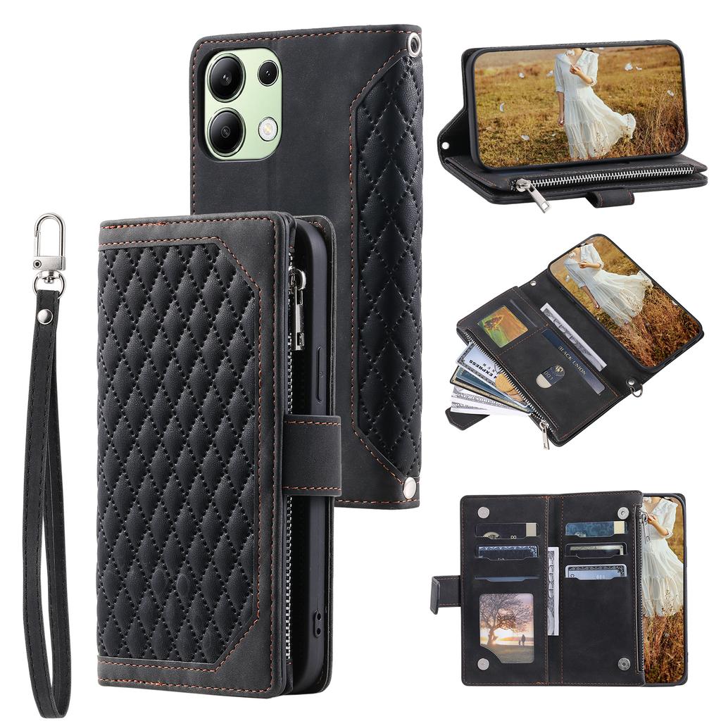 For Xiaomi Redmi 15C 4G (173mm) Wallet Case Rhombus Stitching Line PU Leather Phone Cover with Wrist Strap
