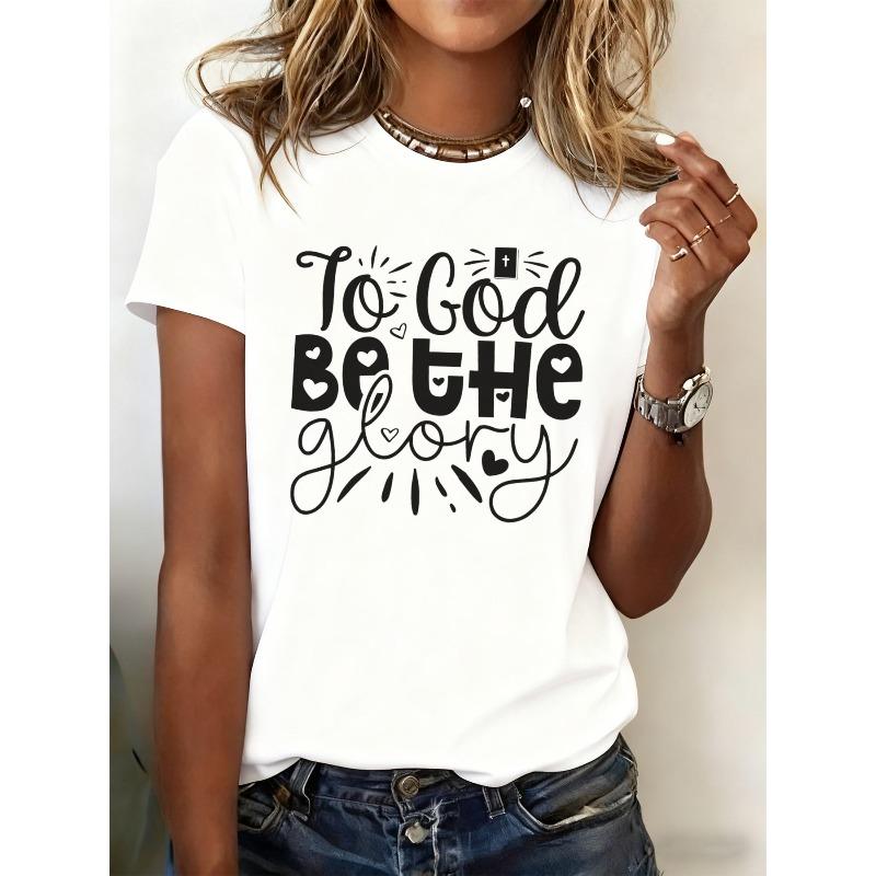 

Women s To God Be The Glory White Short Sleeve Round Neck Faith Top with Praise Sayings Print - Loose Fit Casual Church Wear for All-Season 4XL білий