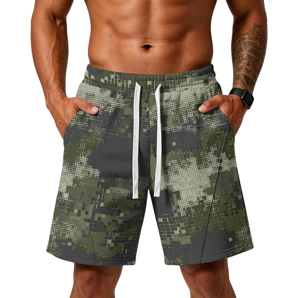 Herren Locker geschnittene Camouflage Print Sportliche Trainings-Fitnessstudio Strandshorts mit Kordelzug Taille und Taschen für Sportaktivitäten
