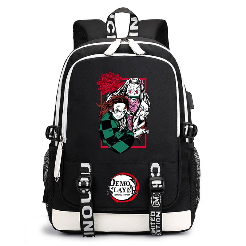 Demon Slayer Anime Print Student Backpack USB Charging Port Lightweight School Bag for Boys Girls